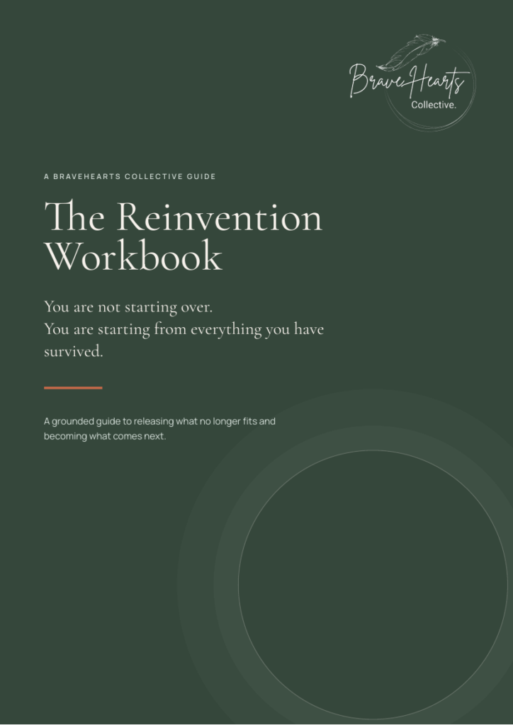 Cover of The Reinvention Workbook — deep green with the BraveHearts Collective logo and the words 'You are not starting over. You are starting from everything you have survived.'